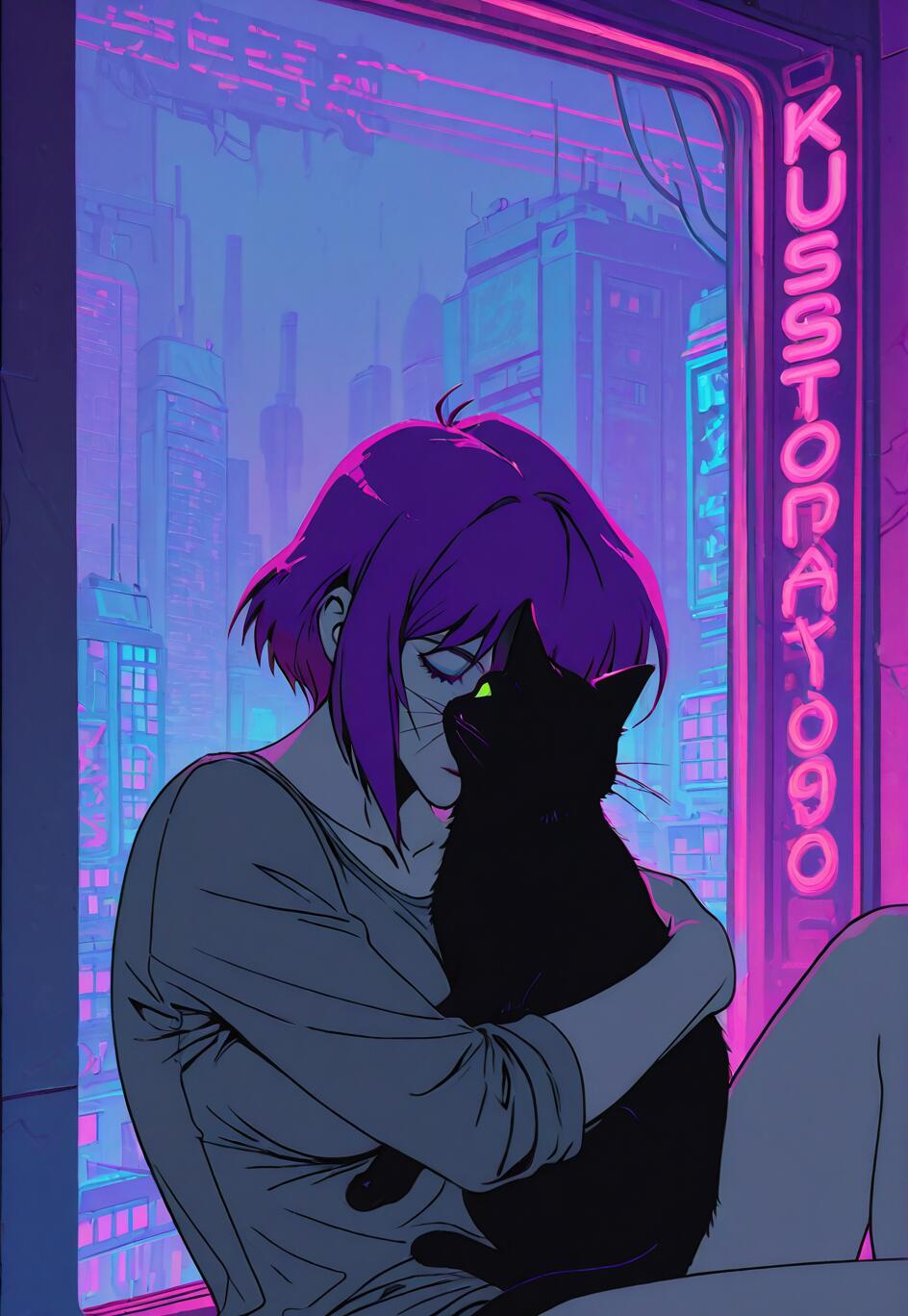 Una ilustración al estilo anime de Motoko Kusanagi, de la serie Ghost in the Shell, con el pelo corto de color púrpura, sentada junto a una ventana y abrazando con ternura a un gato negro. En el exterior, un paisaje urbano futurista se ilumina con brillantes luces de neón de color púrpura y rosa.