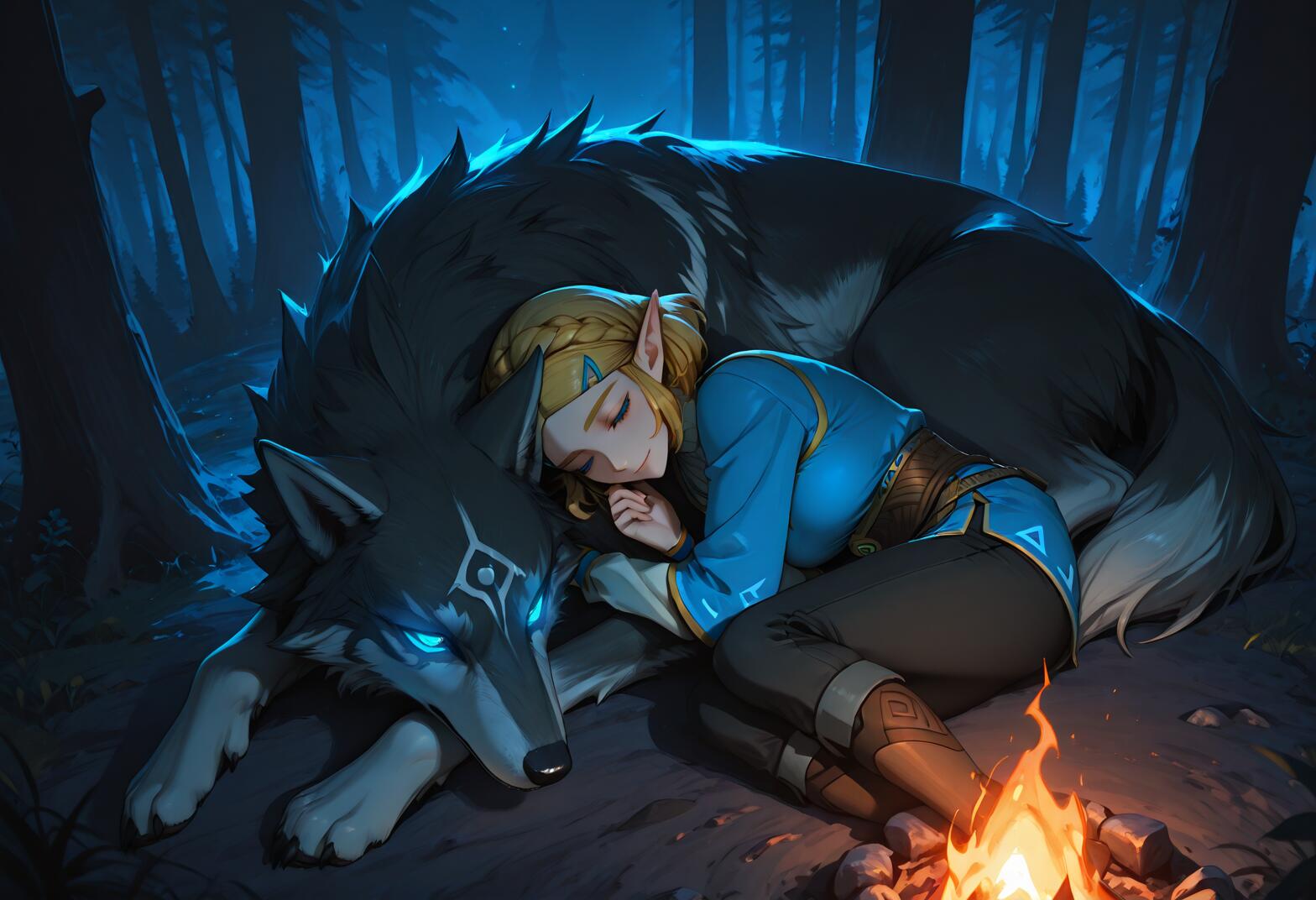 La princesa Zelda, vestida con su túnica azul, duerme plácidamente, apoyada contra el gran Wolf Link, de pelaje oscuro, junto a una fogata en un bosque durante la noche. Wolf Link está despierto, con sus ojos azules brillando, y la observa atentamente.