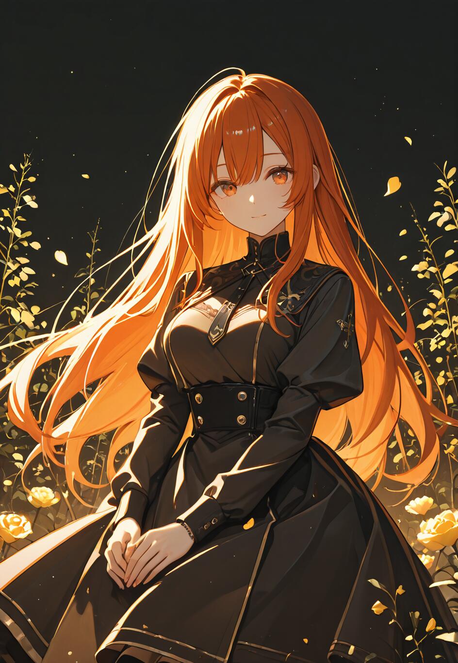 Una ilustración al estilo anime de Ritsuka Fujimaru (Gudako) de Fate/Grand Order, una joven con el pelo largo y de color naranja brillante y los ojos color ámbar, que lleva un elegante vestido negro en un jardín oscuro lleno de rosas doradas.