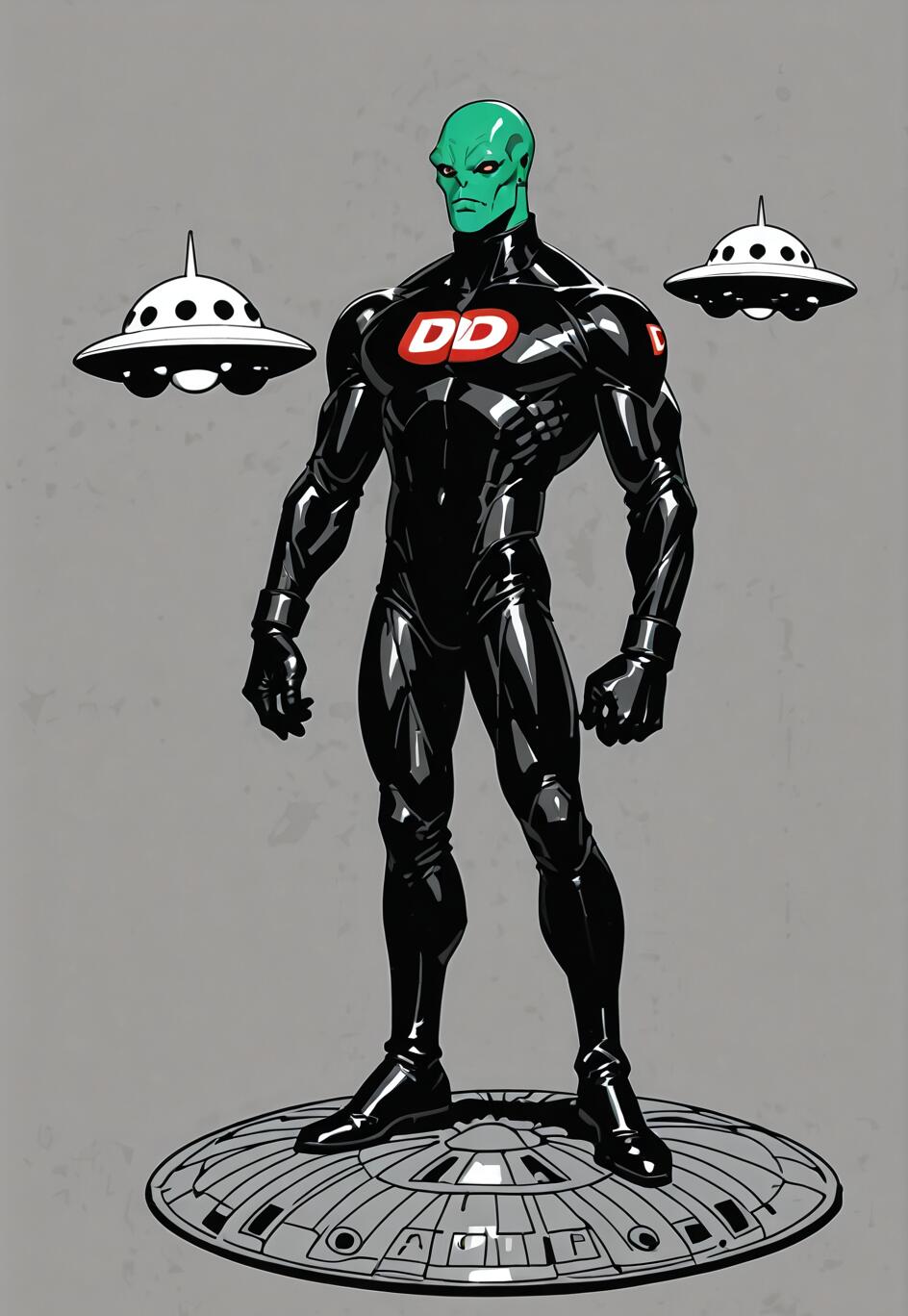 Ilustración de cuerpo entero de un alienígena musculoso, de piel verde, vestido con un elegante traje negro con un logotipo rojo que dice «DD», de pie sobre un OVNI, con dos OVNI más pequeños en el fondo.