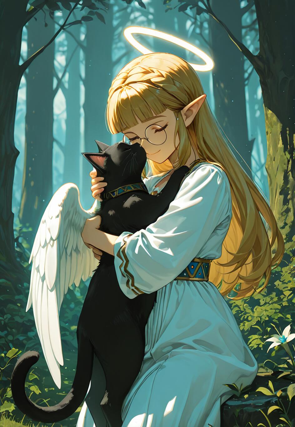Una ilustración al estilo anime de la princesa Zelda, con el pelo largo y rubio, orejas puntiagudas, un halo y un ala de ángel, sentada en un bosque y abrazando con cariño a un gato negro.