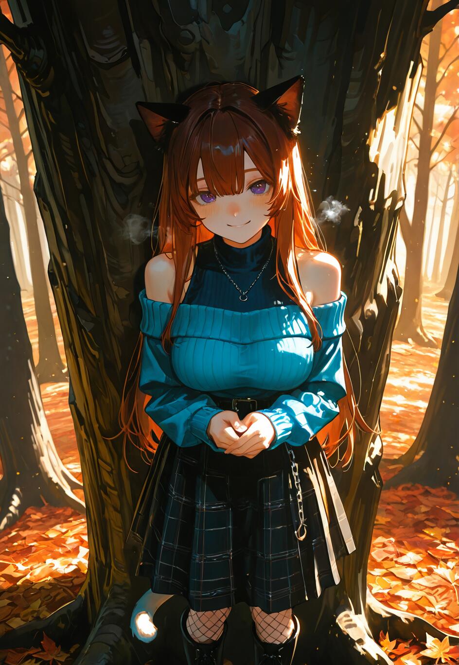 Una ilustración de cuerpo entero de una chica anime con rasgos de gato, cabello largo y castaño y ojos morados, que lleva un suéter azul que deja un hombro al descubierto y una falda a cuadros, y que está de pie en un bosque otoñal frente a un gran árbol.