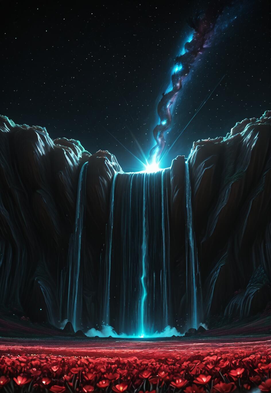 Una escena de fantasía surrealista que representa una cascada azul brillante que fluye desde una galaxia en espiral en un cielo nocturno estrellado. La cascada está enmarcada por acantilados oscuros y desemboca cerca de un extenso campo de flores de color rojo intenso.
