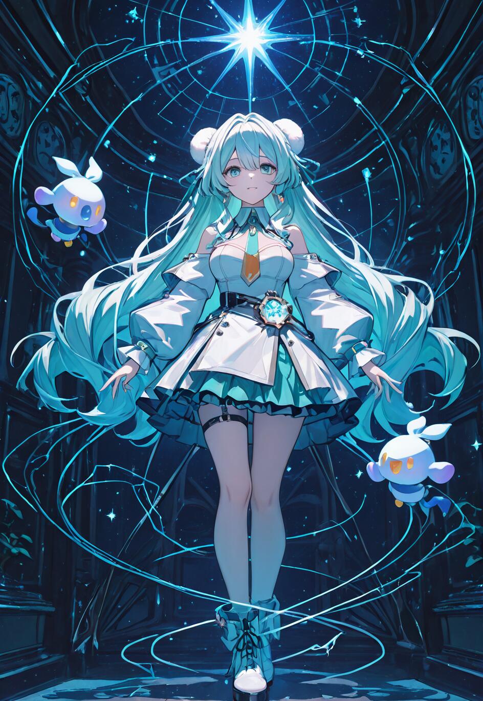 Una chica de anime, con el pelo largo de color azul claro recogido en dos moños, está de pie frente a una enorme estrella brillante y a diseños cósmicos. Lleva un atuendo futurista blanco y turquesa y está acompañada por dos pequeños y adorables compañeros que flotan a su lado.
