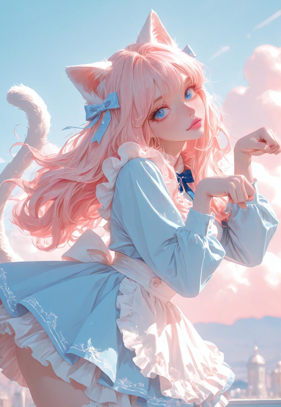 Una chica de anime con el pelo largo y rosa, ojos azules y orejas y cola de gato blancas, que lleva un vestido azul claro y un delantal blanco, y que hace un gesto adorable con la mano simulando una pata de gato, con un cielo de fondo en tonos pastel de azul y rosa.
