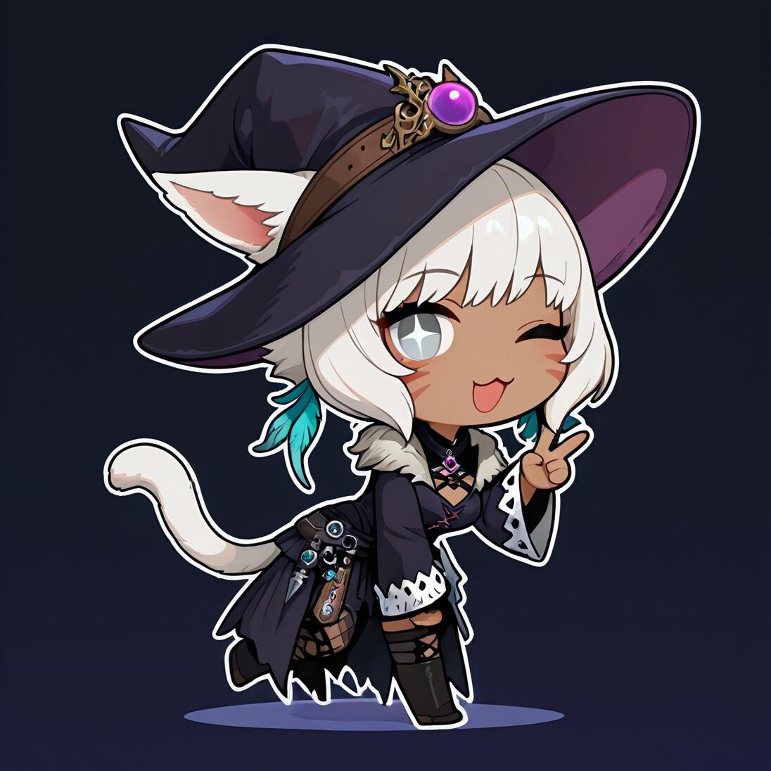 Un adorable dibujo estilo chibi de Y'shtola Rhul, de Final Fantasy XIV: una joven de piel oscura con rasgos felinos y cabello blanco, vestida como una bruja. Está guiñando un ojo y haciendo el gesto de la paz.