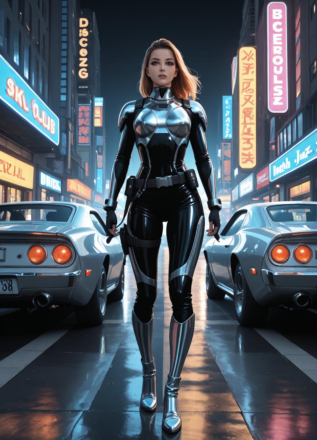 Ilustración completa de una mujer con un traje de combate futurista, de color negro y plateado, caminando por una calle húmeda de la ciudad durante la noche, flanqueada por dos coches antiguos plateados y rodeada de brillantes letreros de neón.