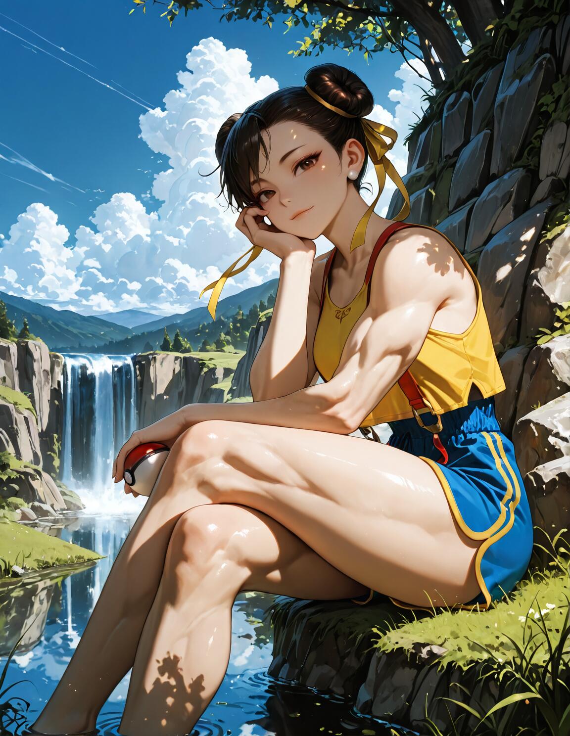Chun-Li, de la saga Street Fighter, está sentada junto a un lago en un entorno natural y soleado, con una cascada de fondo. Lleva un atuendo de entrenadora de Pokémon: una camiseta amarilla y unos pantalones cortos azules. Tiene una Poké Ball en la mano y sonríe mirando al espectador.