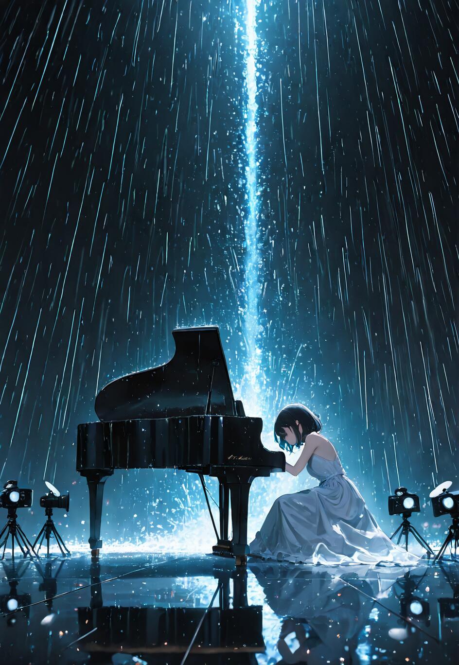 Una ilustración de estilo anime que representa a una joven con un elegante vestido, tocando un piano de cola sobre un escenario húmedo y brillante. Está lloviendo a cántaros y un único y potente foco azul ilumina a la joven desde arriba.