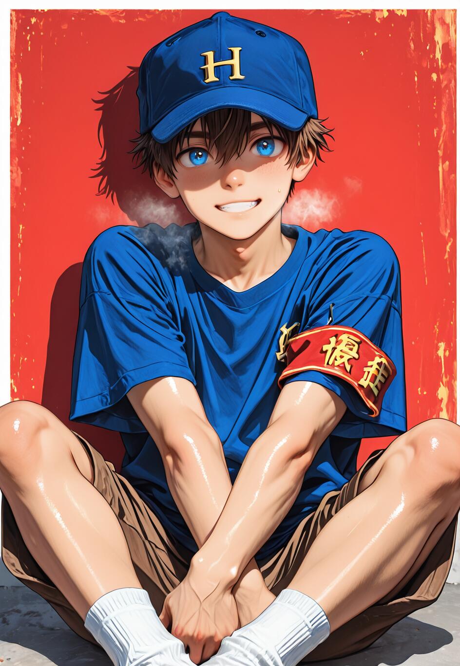 Un joven de estilo anime, con cabello castaño y ojos azules brillantes, que lleva una camisa azul y una gorra de béisbol con una «H», sonríe con confianza mientras está sentado, con los brazos y las piernas cruzados, frente a una pared roja.