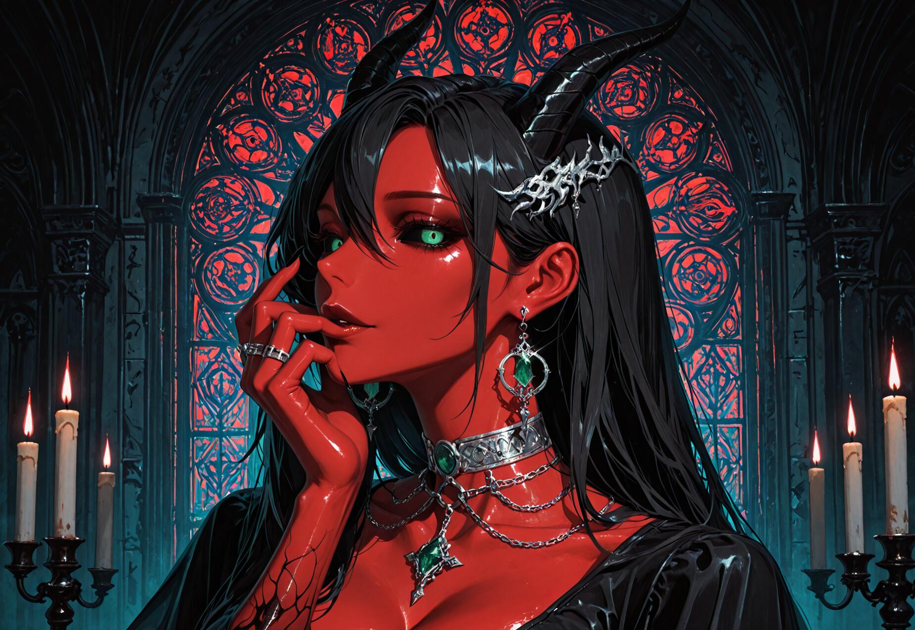 Una ilustración de una hermosa mujer demonio, con una piel roja vibrante, cabello negro y largo, y unos ojos verdes que brillan, todo ello enmarcado por el fondo de una oscura catedral gótica con vidrieras rojas y velas encendidas.