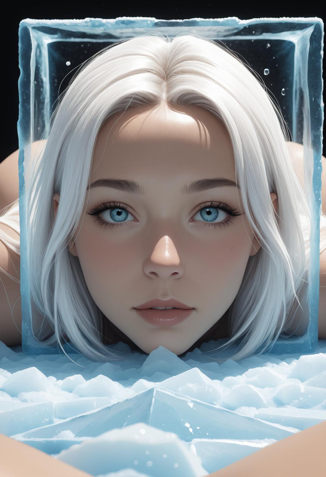 Un retrato en primer plano de una hermosa joven de cabello blanco y ojos azules, que mira a través de un marco cuadrado de hielo, con la barbilla apoyada sobre una cama de hielo picado.