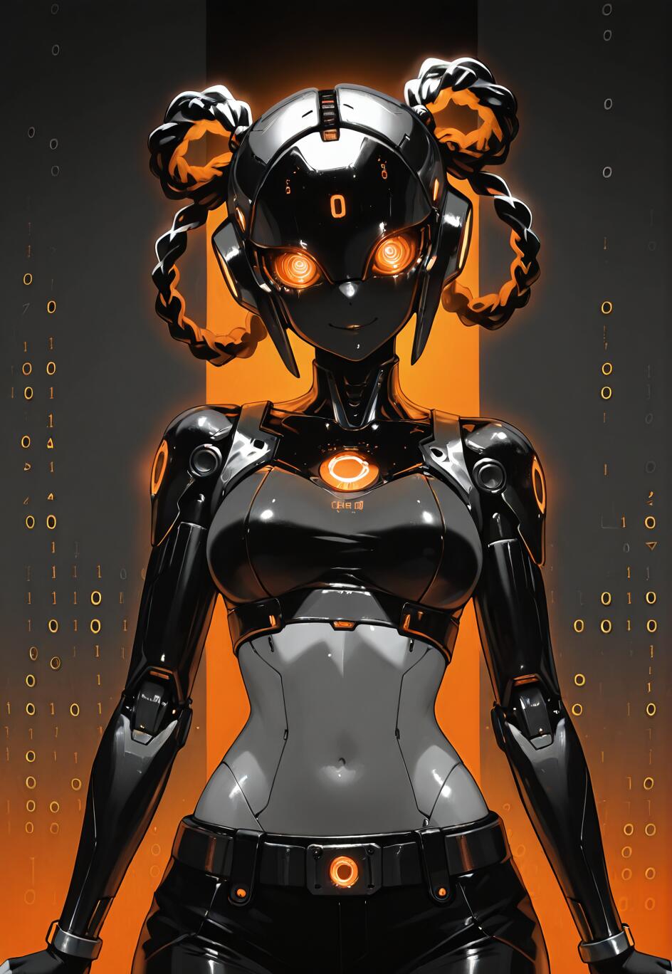 Una ilustración digital de un androide femenino con un cuerpo negro y gris, ojos de color naranja brillante y cabello compuesto por cables trenzados de color naranja brillante, peinados en dos moños. El fondo es oscuro y muestra código binario que cae.