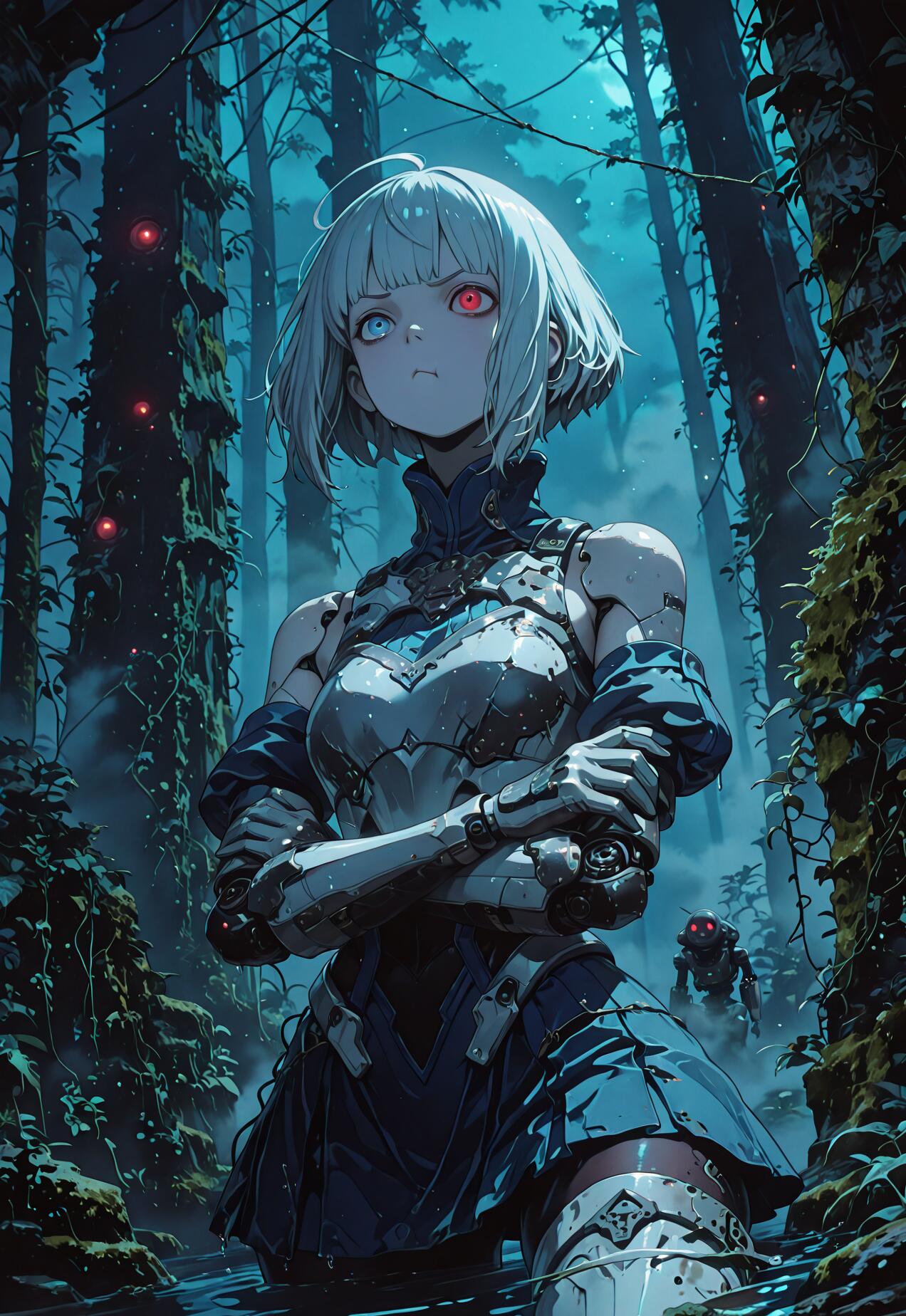Una cyborg de género femenino, con el pelo corto y plateado, un ojo rojo y otro azul, está de pie, con los brazos cruzados, en un oscuro y pantanoso bosque iluminado con luces azules durante la noche. Lleva una armadura blanca y azul, y se puede ver un pequeño robot en el fondo.