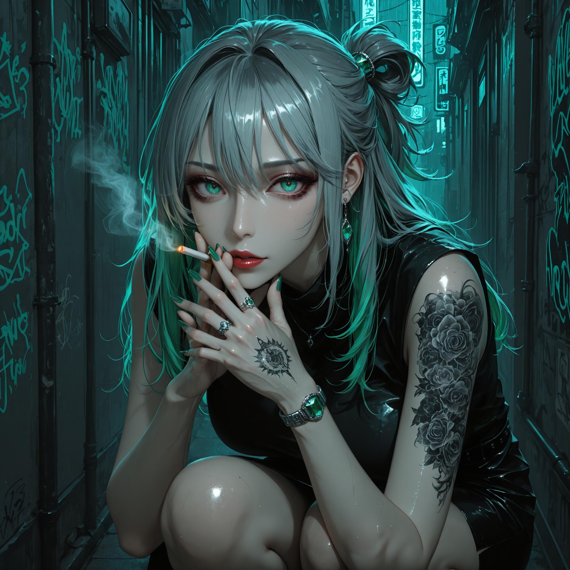 Una ilustración de estilo anime que representa a una joven con cabello gris, algunos mechones verdes y unos ojos de color verde brillante. Está agachada en un callejón oscuro, iluminado con luces de neón, mientras fuma un cigarrillo y mira directamente a la cámara. Tiene un gran tatuaje de una rosa en el brazo.