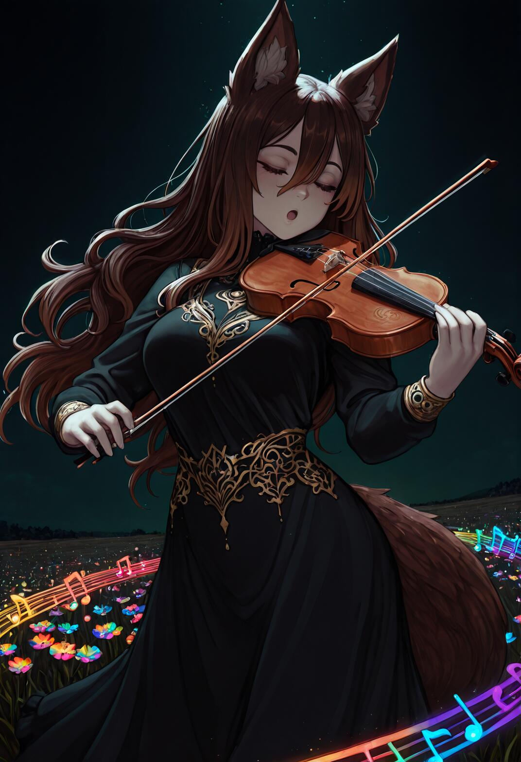 Una joven de estilo anime con apariencia de zorro, de cabello largo y castaño, orejas y cola, lleva un elegante vestido negro y dorado y toca el violín en un campo de flores de colores durante la noche. Un mágico pentagrama musical, brillante y con forma de arcoíris, gira a su alrededor.
