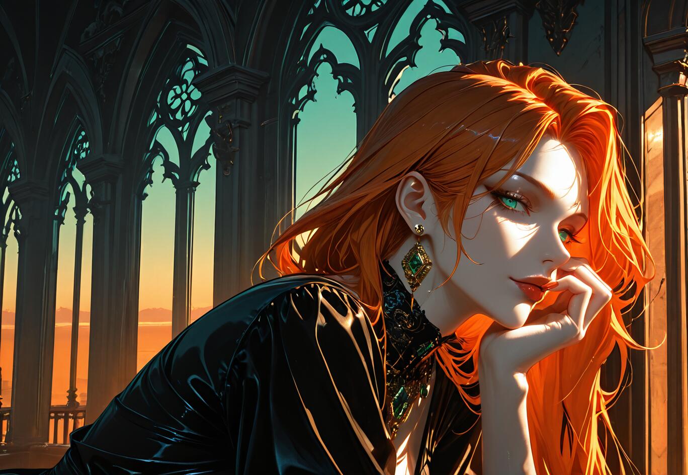 Una hermosa mujer de estilo anime, con el pelo largo y de color naranja y los ojos verdes, vestida con un vestido negro y joyas color esmeralda, apoya la barbilla en la mano mientras descansa en el balcón de un castillo gótico al atardecer.