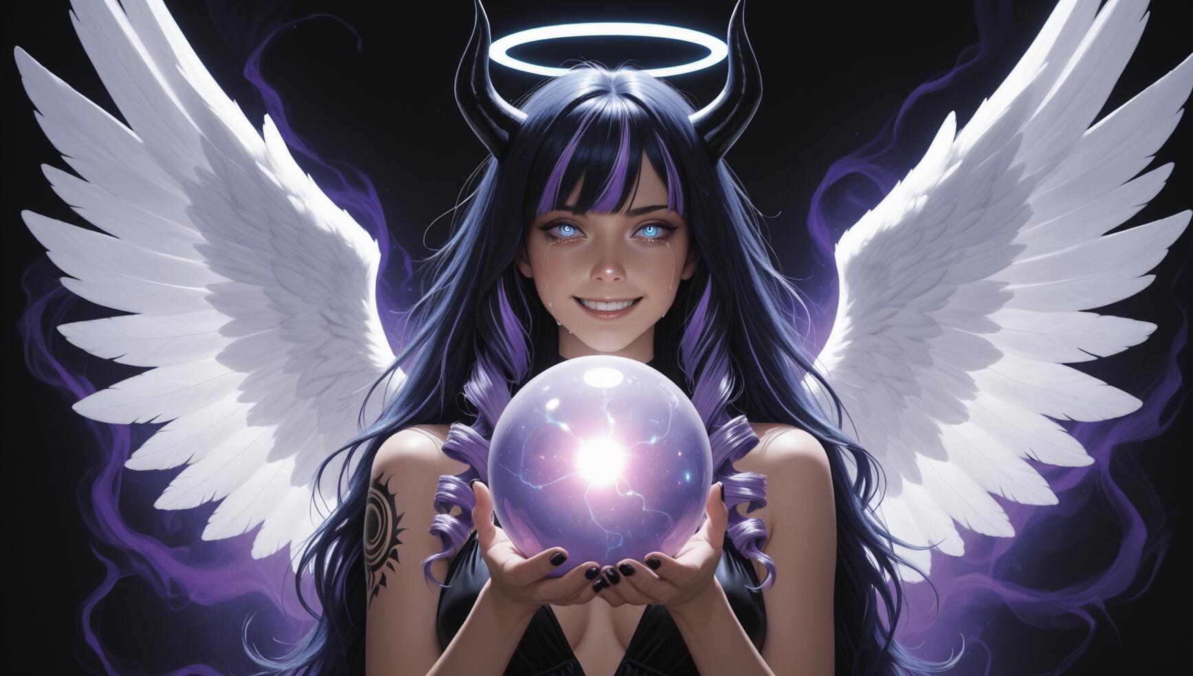 Una mujer con un estilo de anime, que lleva alas blancas de ángel, cuernos negros de demonio y un halo azul, y que sonríe mientras sostiene una esfera púrpura brillante sobre un fondo negro.
