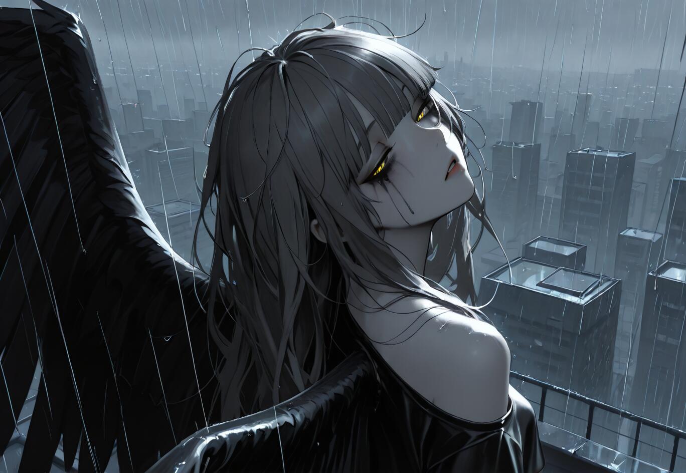 Una ilustración de estilo anime que representa a una joven con grandes alas negras y unos ojos amarillos brillantes, que mira hacia arriba, hacia la lluvia, desde la azotea de un edificio en la ciudad. Su maquillaje está corrido y su expresión es triste.