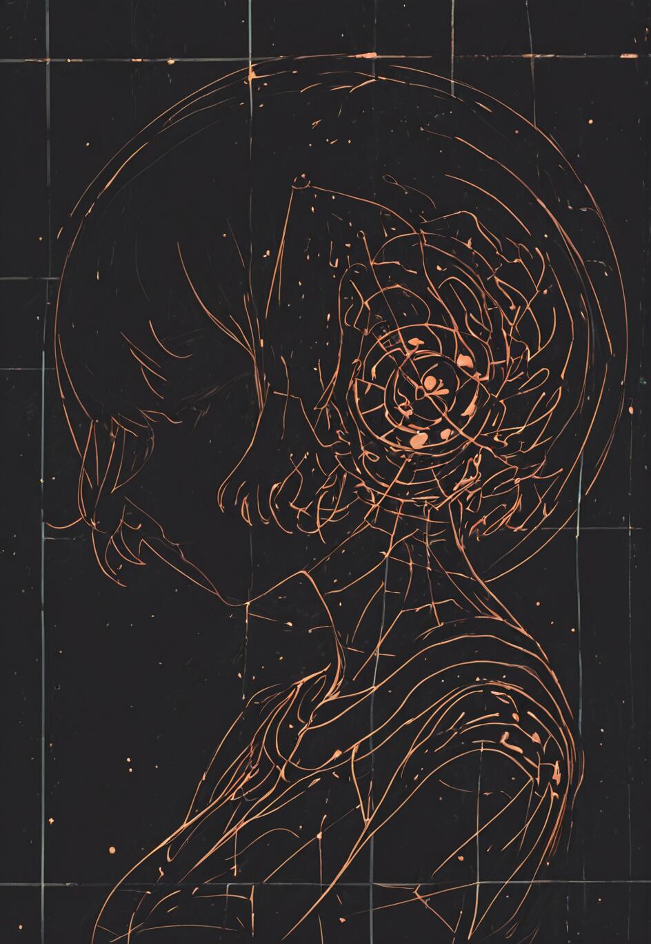 Una obra de arte abstracto moderna que representa a Rei Ayanami, de Neon Genesis Evangelion, de perfil. La imagen es un dibujo lineal en color cobre brillante sobre un fondo de cuadrícula oscura, y el lateral de su cabeza se difumina en una espiral caótica y hermosa.