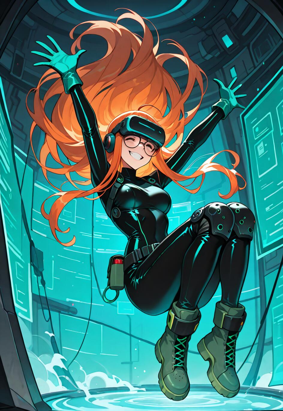 Una ilustración al estilo anime de Futaba Sakura, de Persona 5, flotando en un entorno de ciencia ficción. Tiene el pelo largo y de color naranja, lleva gafas y una amplia sonrisa, y está vestida con su traje negro de Oracle, con un casco de realidad virtual, guantes verdes y botas, y tiene los brazos levantados en el aire.
