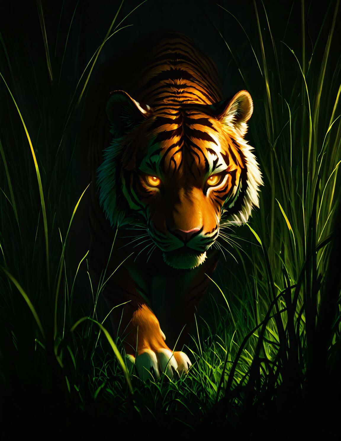 Un poderoso tigre, con unos penetrantes ojos amarillos, avanza sigilosamente entre la alta hierba verde en la oscuridad, con el rostro iluminado y una expresión intensa.