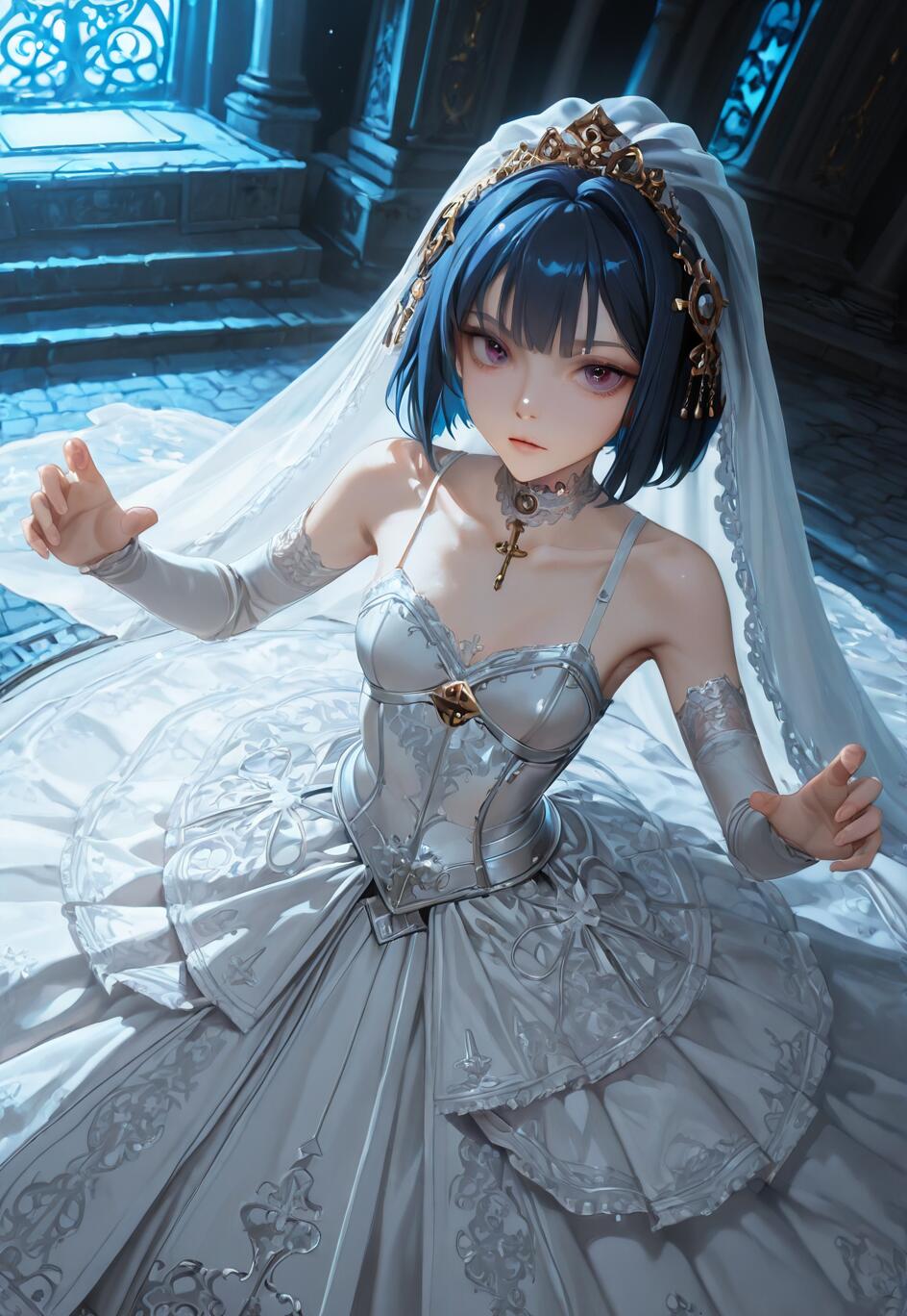 Una ilustración de estilo anime que representa a una joven con el pelo corto y azul y una tiara dorada, vestida con un elaborado vestido de novia gótico plateado y blanco, y un velo. Se encuentra en un salón de piedra oscuro, iluminado con luces azules, y mira hacia arriba con una expresión seria.