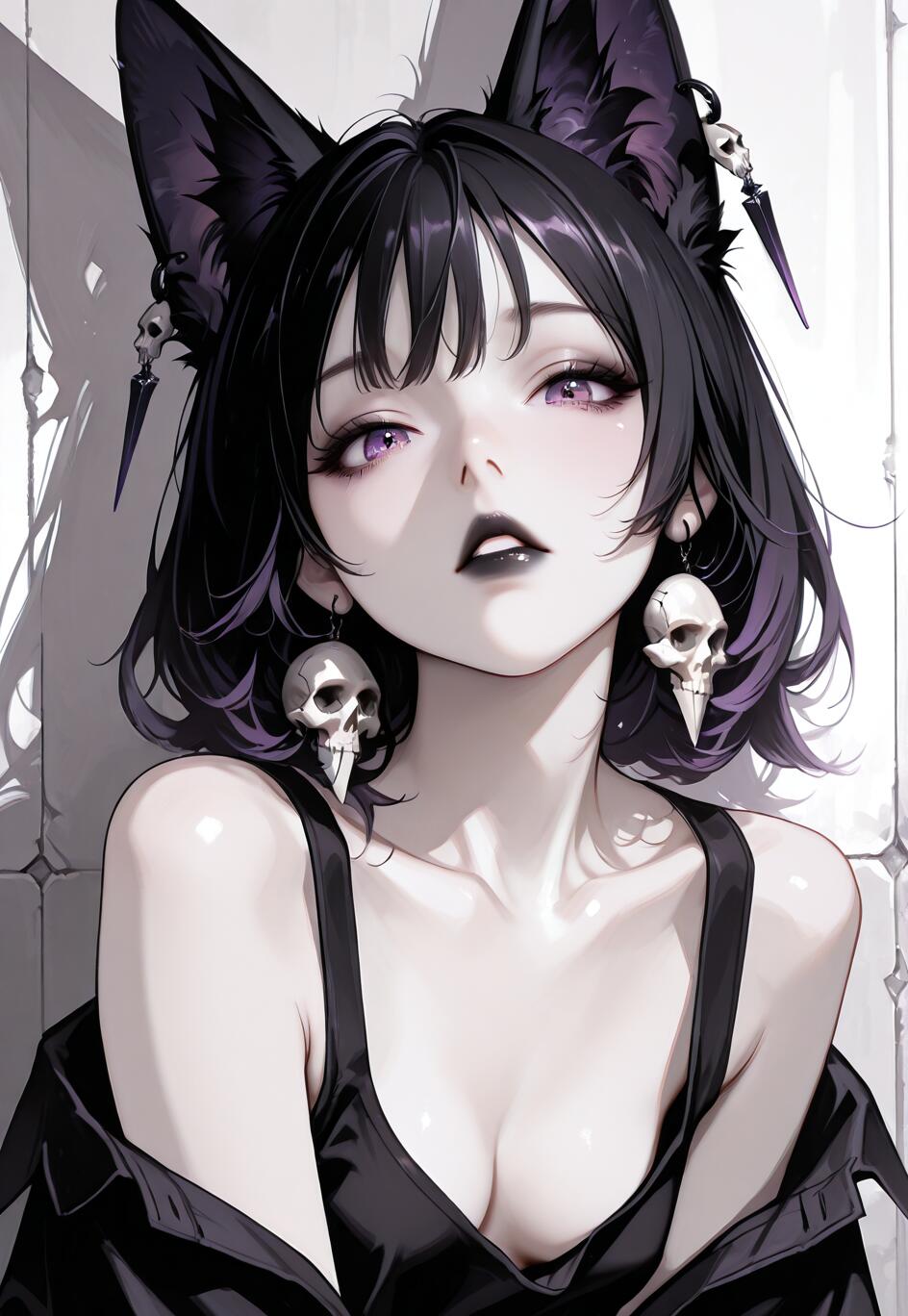 Una ilustración de estilo anime que representa a una chica con orejas de zorro negras, ojos morados y lápiz labial negro. Lleva pendientes con forma de calavera y una camiseta sin mangas negra, y mira directamente al espectador con una expresión seductora.
