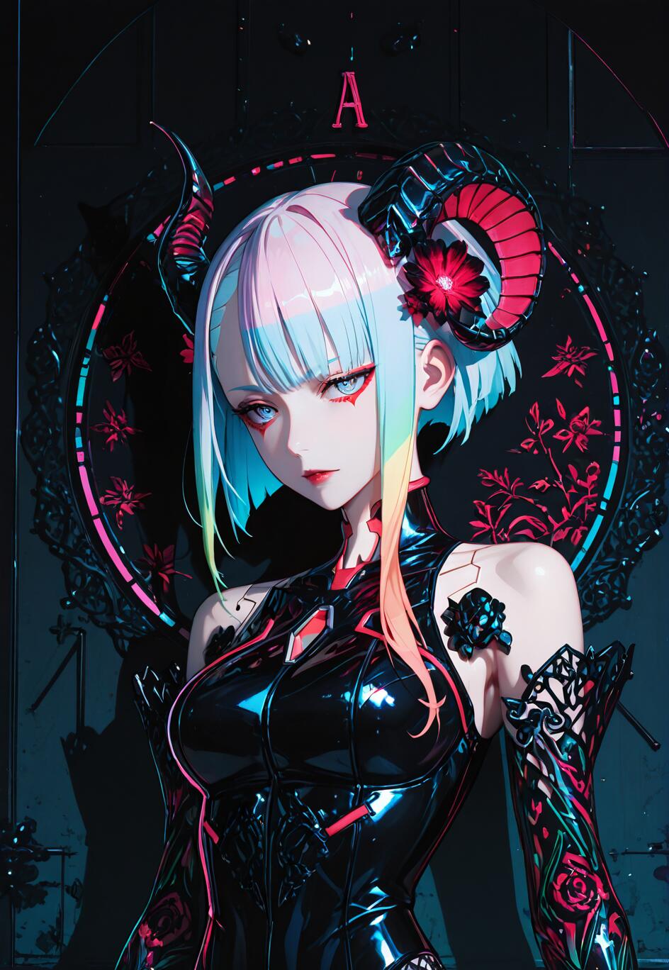 Una ilustración de estilo anime que representa a una mujer similar a Lucy, de la serie Cyberpunk: Edgerunners, con el pelo de colores pastel en forma de arcoíris, grandes cuernos negros con forma de carnero y una flor roja. Lleva un brillante atuendo negro de estilo cyberpunk sobre un fondo oscuro, enmarcado por un círculo de neón rosa y azul.