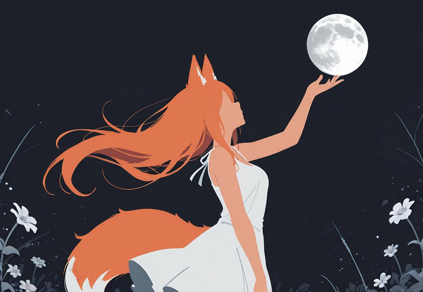 Una ilustración de Holo, de la serie Spice and Wolf, que representa a una joven con orejas y cola de zorro de color naranja, y un largo cabello también de color naranja, vestida con un vestido blanco. Está de pie en un campo de flores durante la noche, con los brazos extendidos hacia la luna llena.