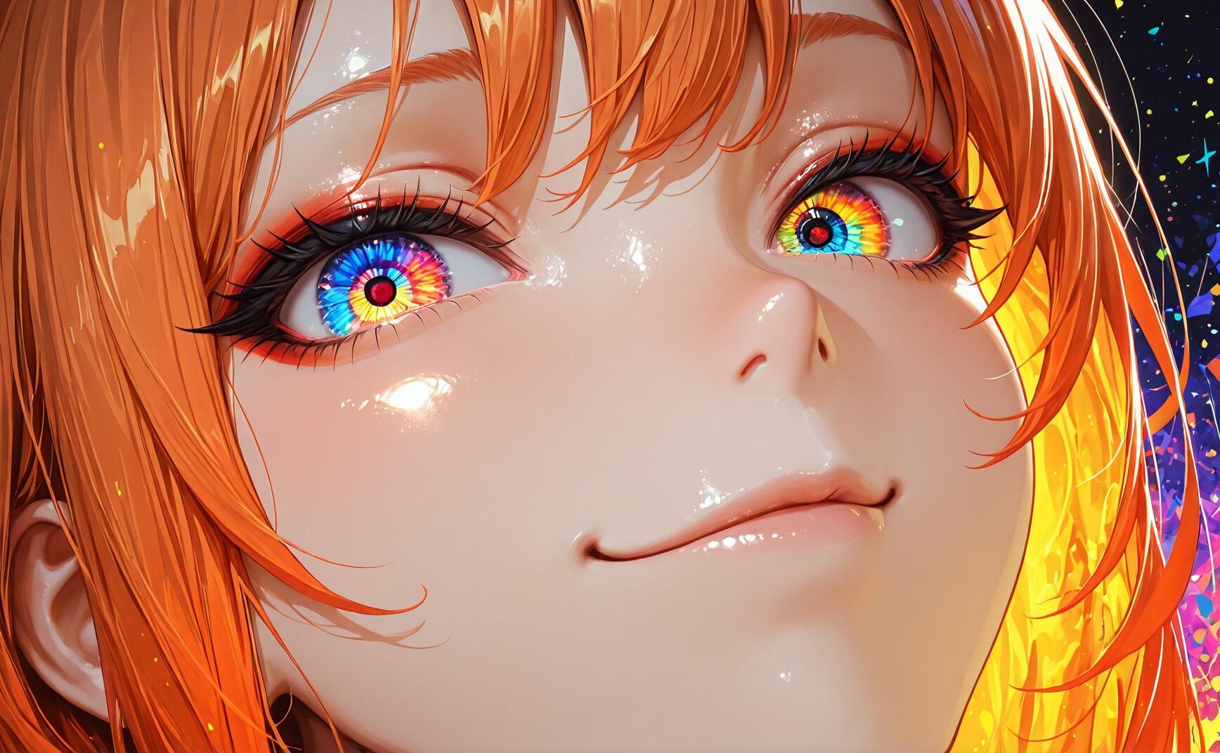 Una ilustración en primer plano de una chica de anime con un cabello naranja brillante y una sonrisa de suficiencia. Sus ojos son el punto central de la imagen, y presentan intrincados diseños luminosos y caleidoscópicos con anillos de colores del arcoíris.