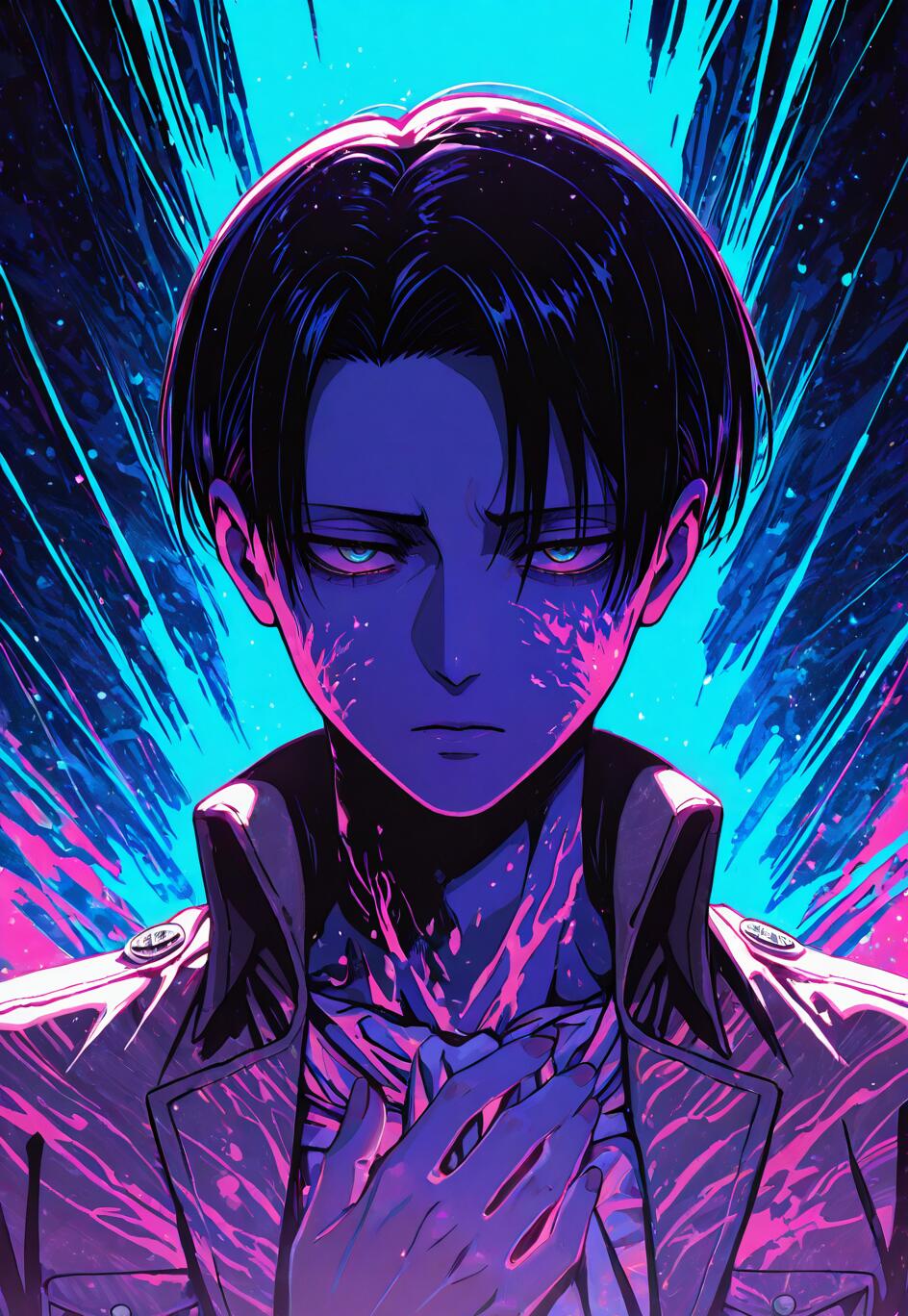 Una ilustración al estilo anime de Levi Ackerman, de la serie Attack on Titan, con la mano apoyada en el pecho. La obra de arte presenta una vibrante paleta de colores neón en tonos azul, rosa y púrpura, con un fondo abstracto y dinámico.