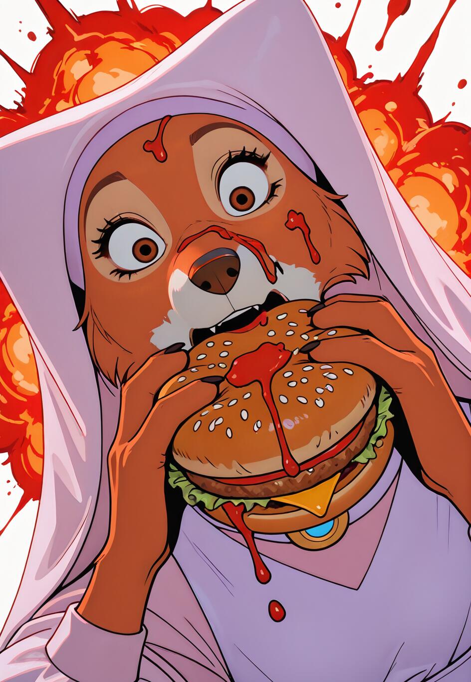Una ilustración de Maid Marian, la zorra de la película Robin Hood de Disney, con expresión de sorpresa mientras da un mordisco desordenado a una gran hamburguesa con queso. Tiene salsa de tomate en la cara y goteando de la hamburguesa, todo ello sobre un fondo rojo y naranja de colores intensos.