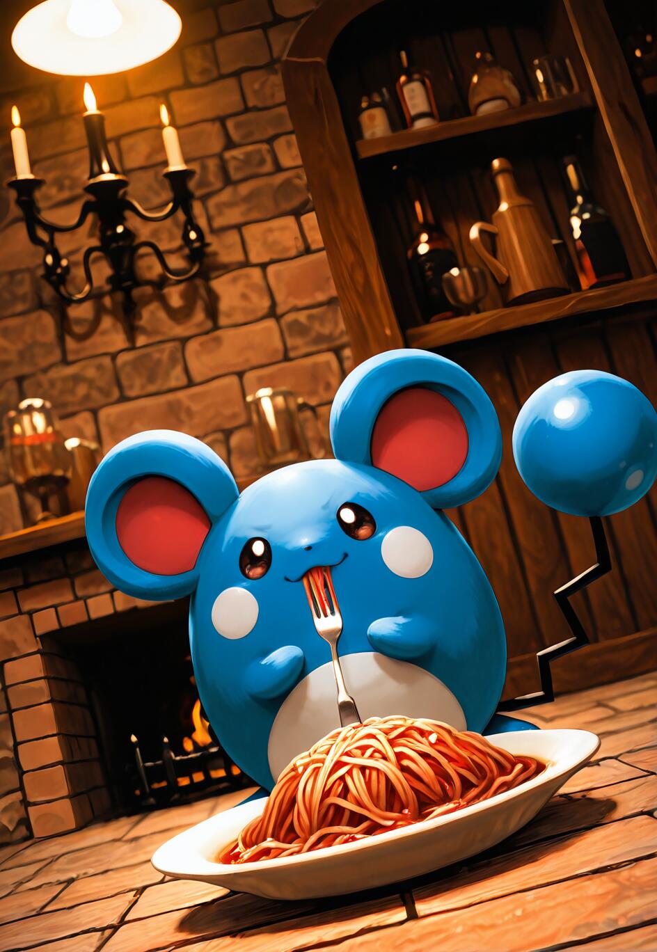 El Pokémon Marill, una criatura redonda de color azul con orejas grandes, está sentado a una mesa de madera en una habitación rústica, comiendo con alegría un gran plato de espaguetis con un tenedor en la boca. En el acogedor fondo se puede ver una chimenea y una estantería con botellas.