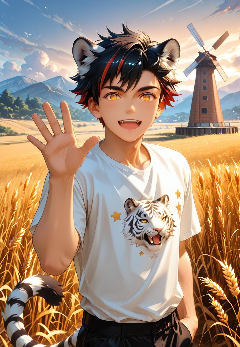 Un chico de anime con el pelo negro y rojo, orejas y cola de tigre, identificado como Nagumo Tetora de Ensemble Stars!!, sonríe y saluda en un campo de trigo dorado con un molino de viento al fondo.