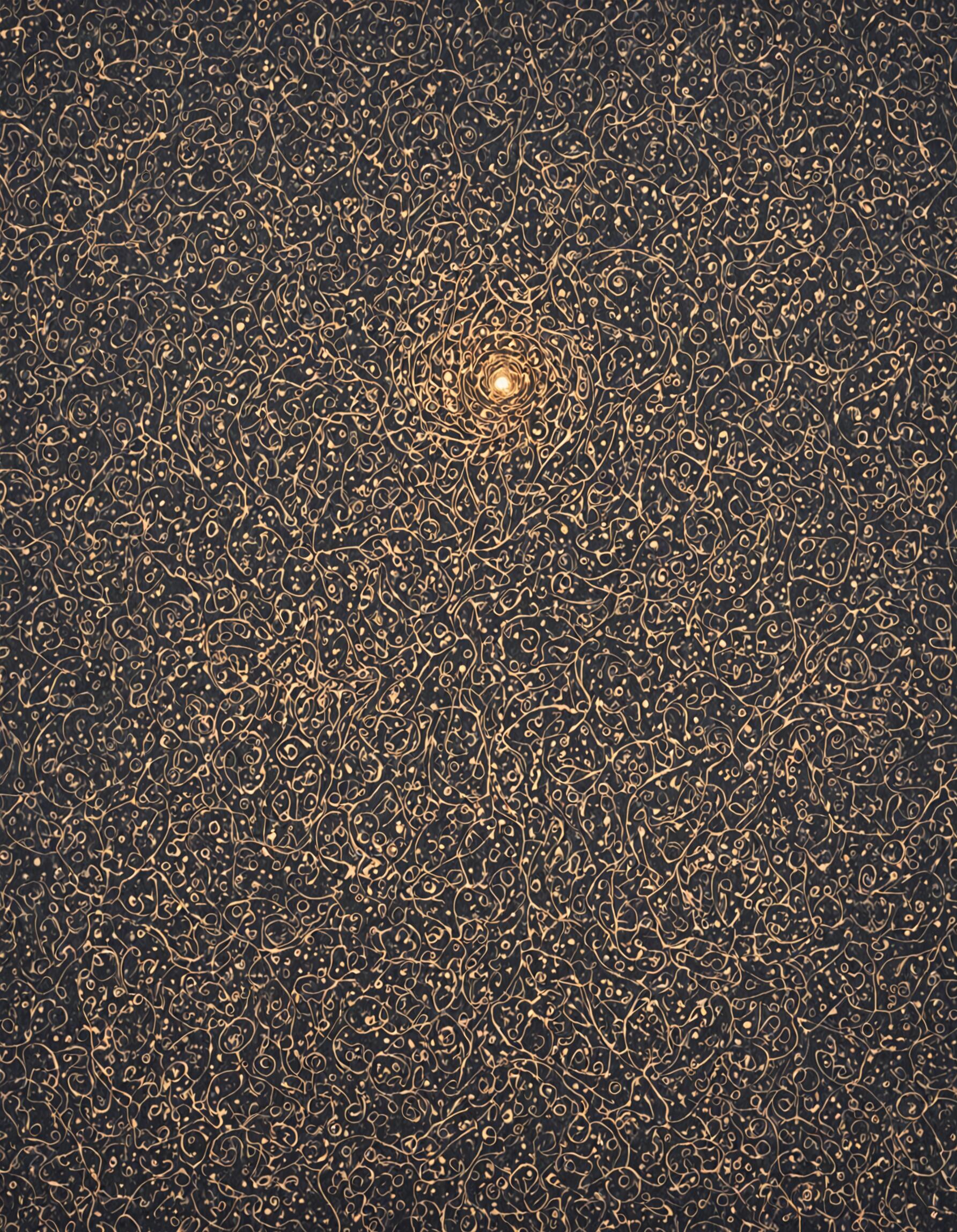 Una pintura abstracta con un fondo oscuro cubierto por una densa y compleja red de líneas y puntos dorados que se entrelazan. En la parte superior central, una única esfera de luz brillante sirve como punto focal.