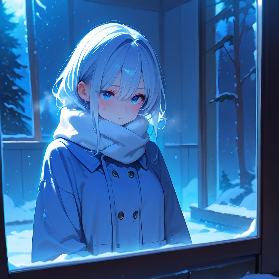 Una chica de anime, con el pelo de color azul claro y una bufanda blanca, mira por la ventana a un paisaje nocturno cubierto de nieve. Lleva un abrigo azul y toda la imagen está bañada en una luz fría y azulada.