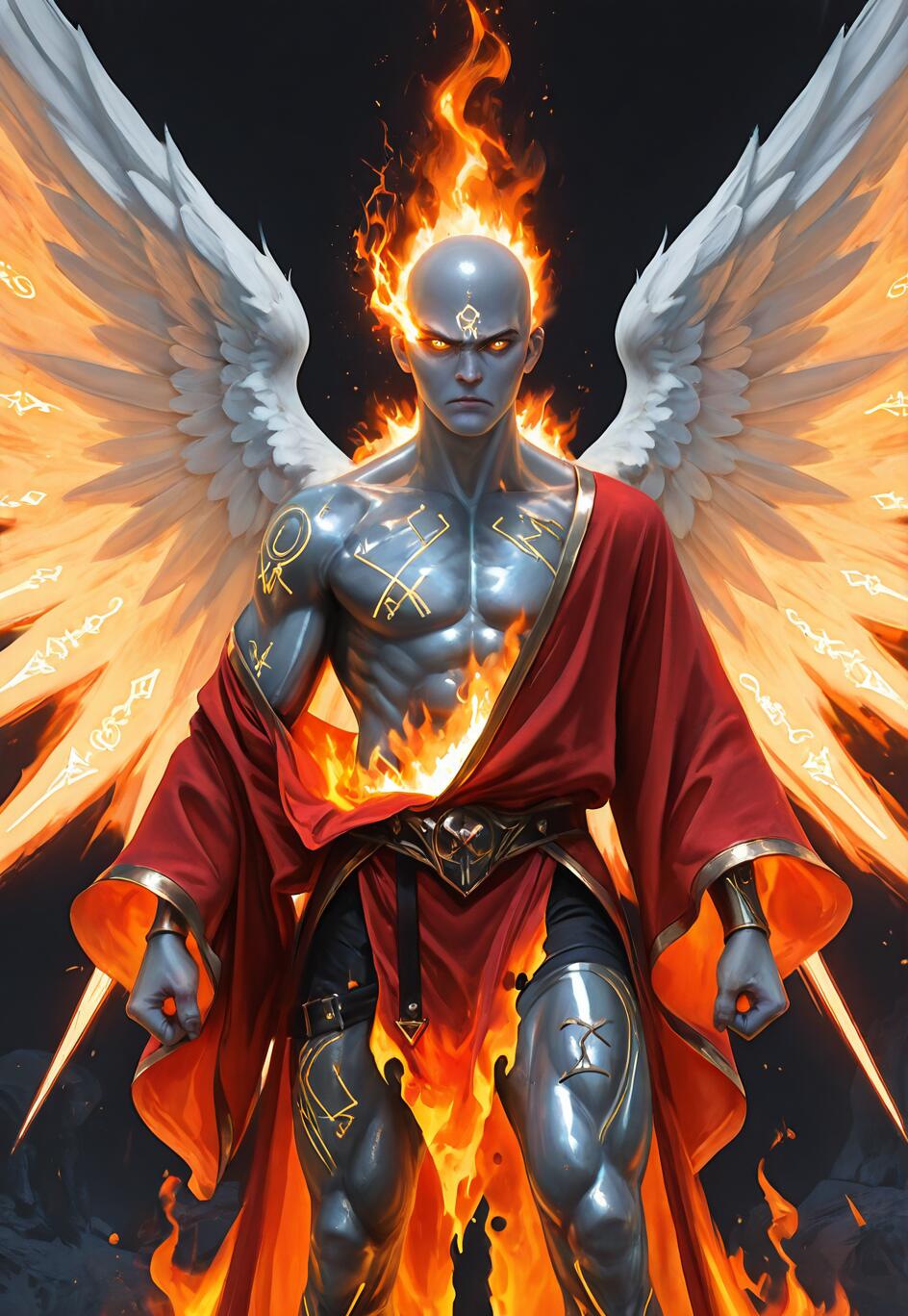 Una pintura digital que representa a un ángel poderoso, calvo y de piel plateada, con una constitución musculosa. Tiene unas grandes alas blancas que están envueltas en llamas doradas. Su cabeza también está coronada por fuego, sus ojos brillan y su cuerpo está cubierto de luminosas runas doradas. Lleva una túnica roja desgarrada y en llamas sobre una armadura oscura.