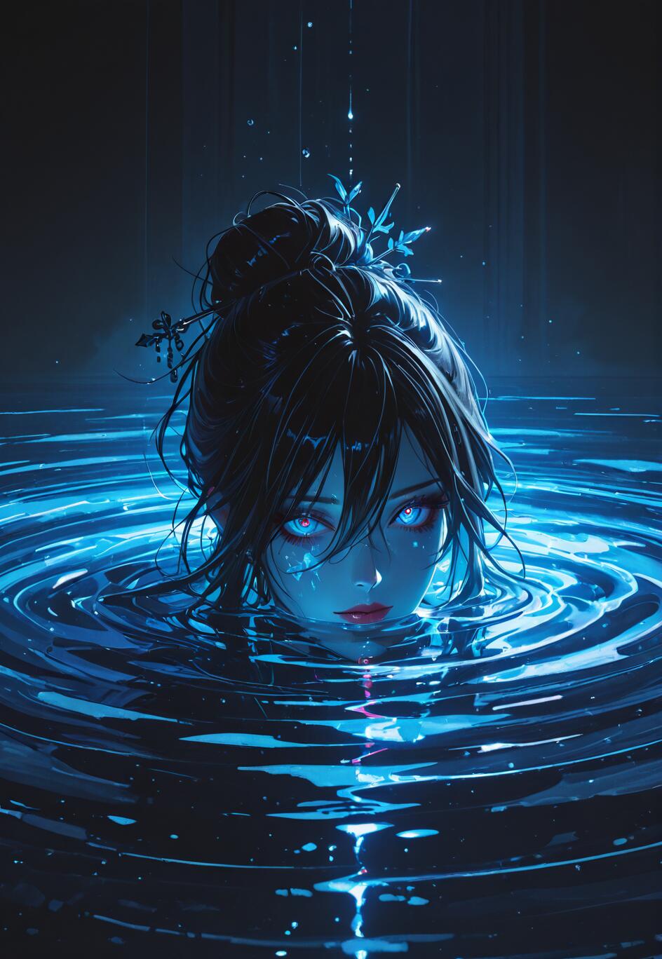Una ilustración de estilo anime que representa a una mujer de cabello negro recogido en un moño, sumergida hasta el cuello en agua oscura que emite una luz azul, creando ondas a su alrededor mientras mira hacia adelante con unos penetrantes y luminosos ojos azules.