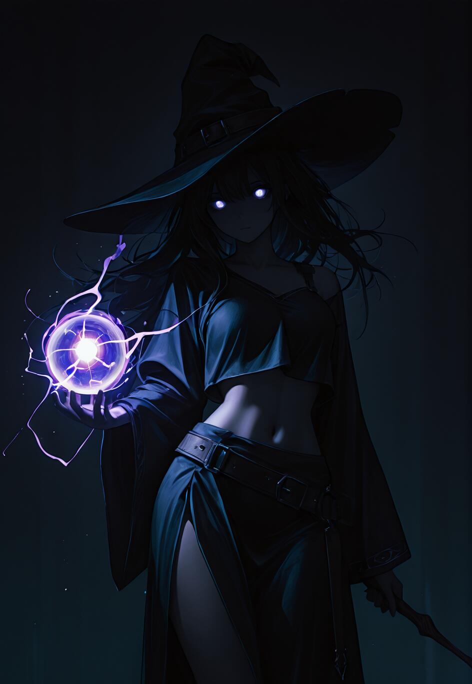 Una bruja de estilo anime, con el pelo largo y oscuro y un gran sombrero puntiagudo, está de pie en la oscuridad. Sus ojos brillan y sostiene en su mano una esfera púrpura llena de energía eléctrica que chispea.
