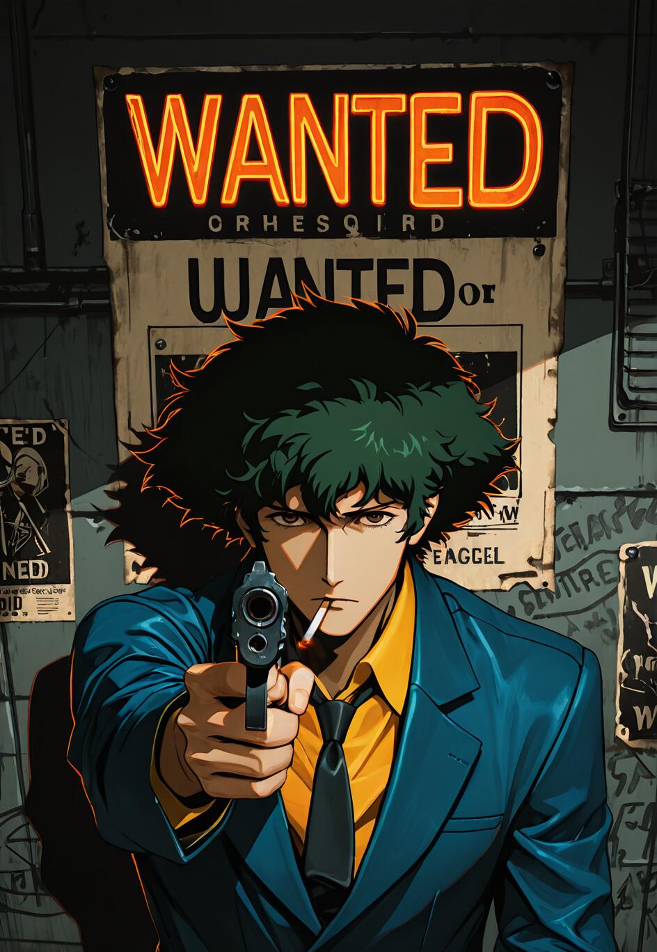Ilustración al estilo anime de Spike Spiegel, de la serie Cowboy Bebop, apuntando con una pistola a la cámara. Tiene el pelo oscuro y despeinado, un cigarrillo en la boca y lleva un traje azul. Detrás de él, hay una pared con un gran cartel de neón que dice «SE BUSCA».