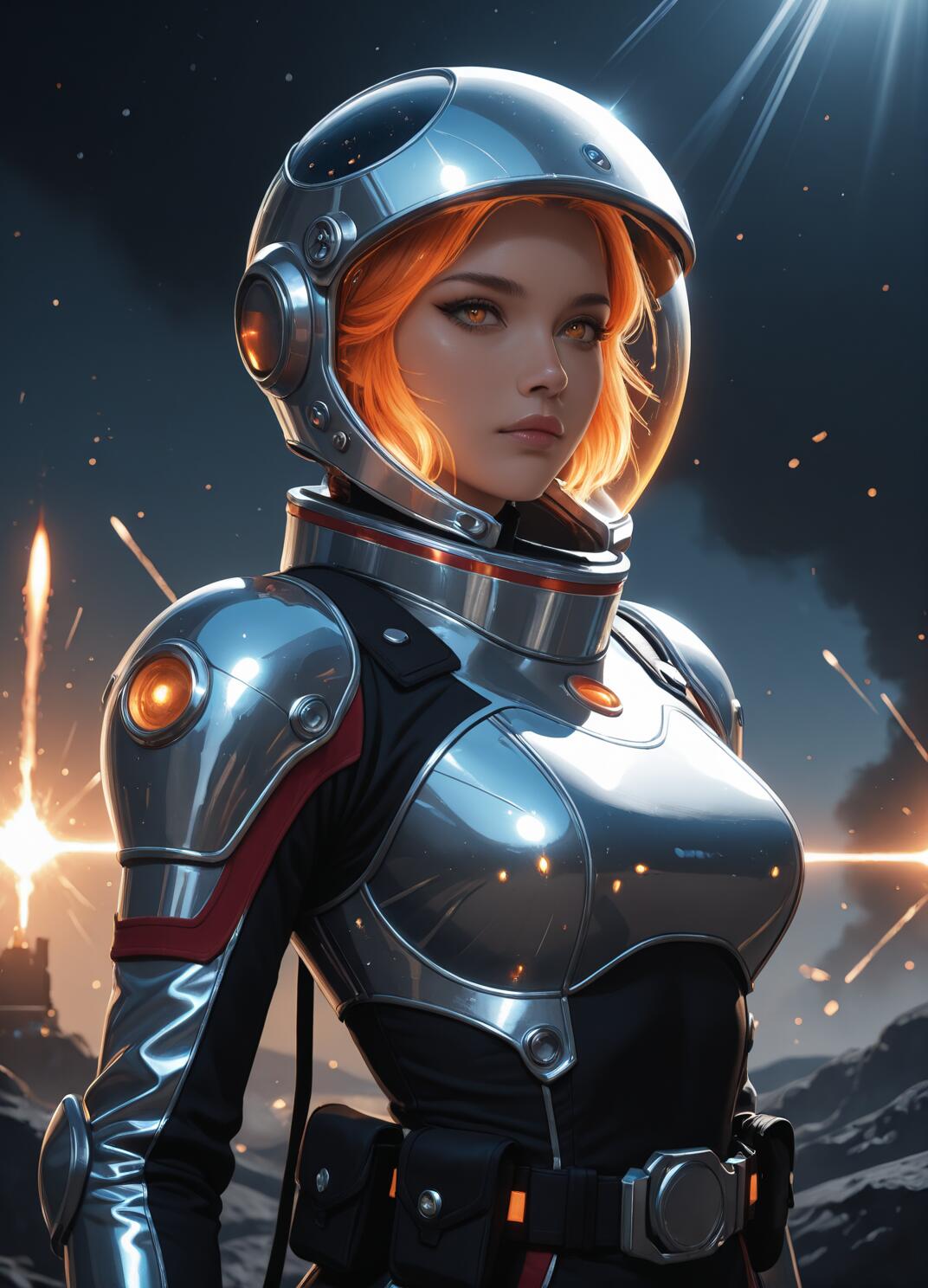 Una ilustración digital de una mujer con un cabello naranja brillante y ojos dorados, que lleva un traje espacial futurista plateado y negro con un casco transparente en forma de burbuja. La imagen está ambientada sobre un fondo oscuro que representa la superficie de un planeta durante una batalla, con explosiones y una estrella brillante que resplandece en el cielo.