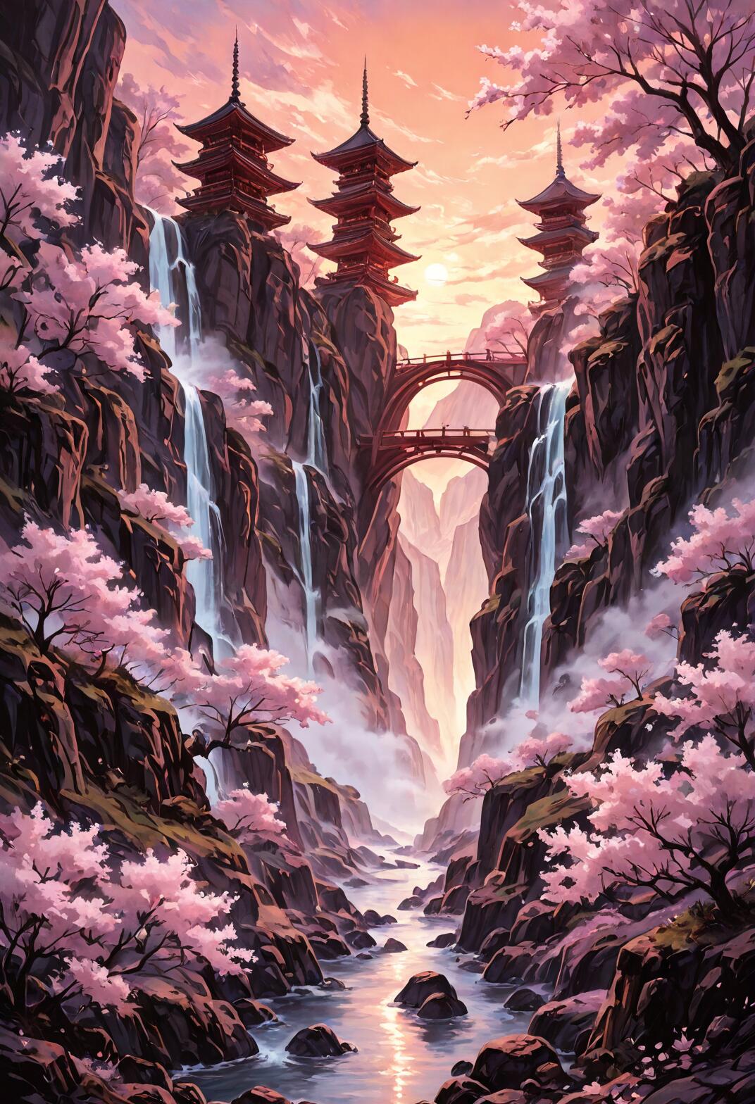 Una pintura digital vertical que representa un profundo cañón con pagodas asiáticas tradicionales en los acantilados, múltiples cascadas, un puente de piedra y árboles de cerezo en flor de color rosa, todo ello iluminado por el cálido resplandor de un atardecer.
