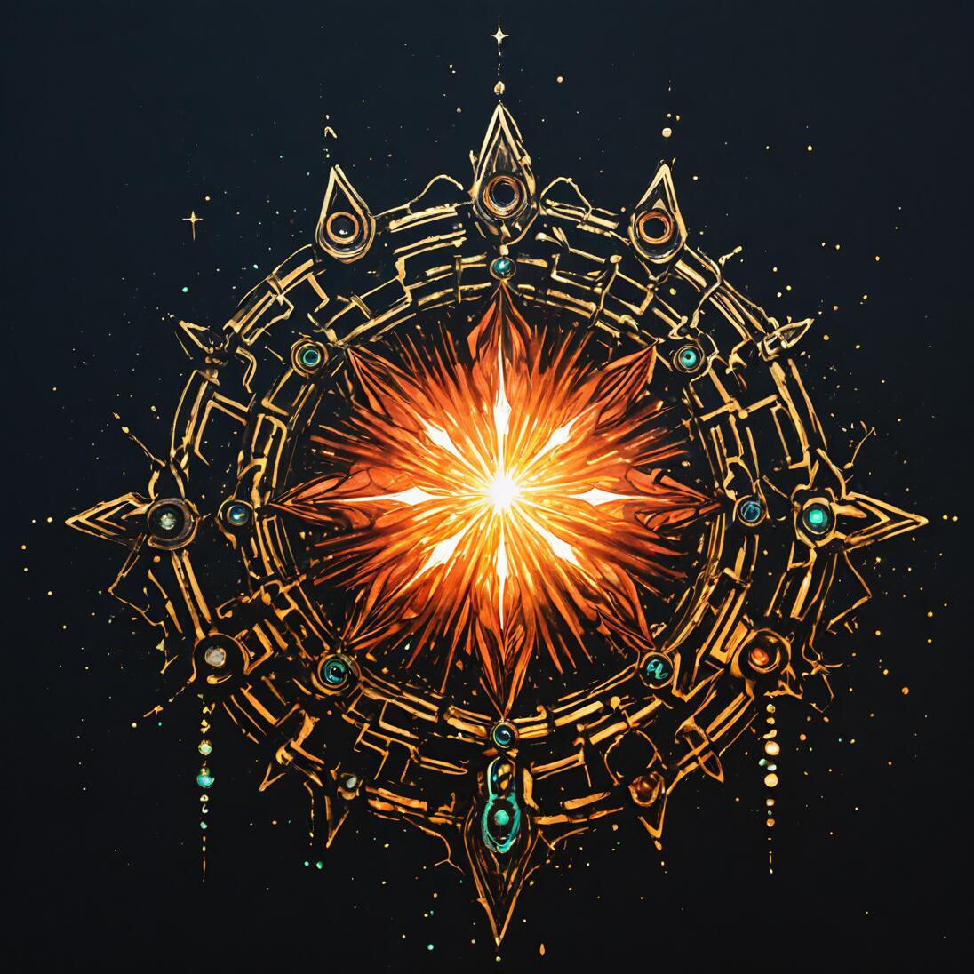Un artefacto circular, ornamentado y dorado, con diseños que recuerdan a circuitos y adornado con gemas turquesas, sobre un fondo oscuro y estrellado. En el centro, se observa una brillante explosión de luz naranja y blanca, con forma de estrella, que se asemeja a un amanecer artificial.