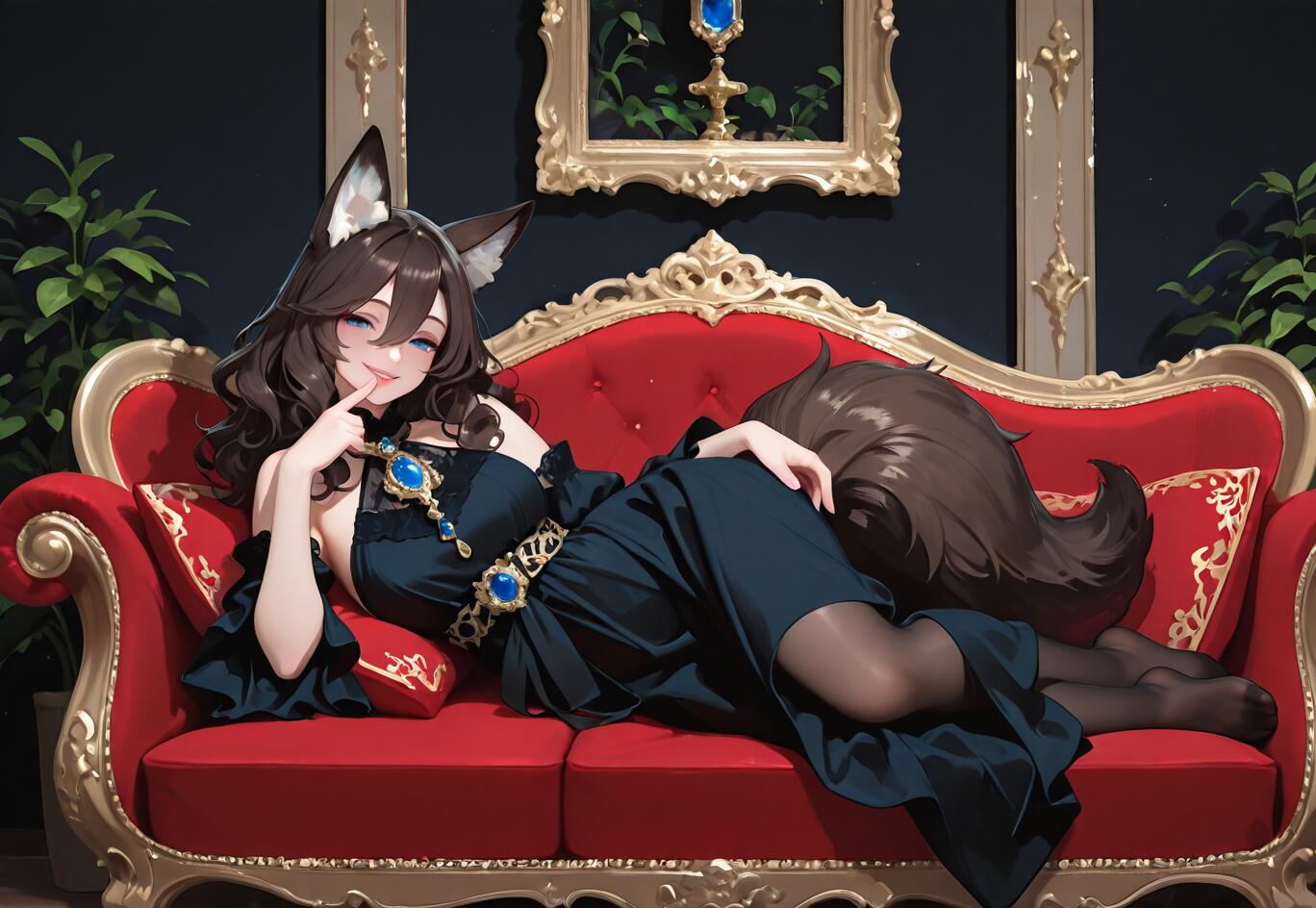 Una joven de estilo anime con apariencia de zorro, cabello castaño, orejas y una cola grande, vestida con un vestido azul oscuro adornado con gemas doradas y azules, yaciendo de forma seductora sobre un lujoso sofá rojo y dorado en una habitación opulenta.