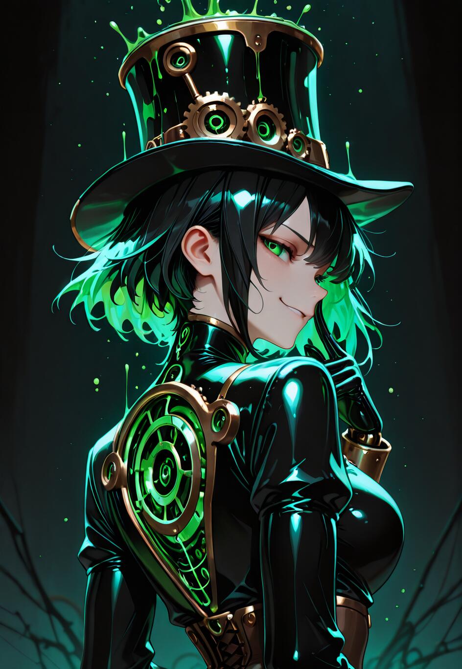 Una personaje de estilo anime, con el pelo corto, negro y de un verde brillante, mira por encima del hombro con una sonrisa burlona. Lleva un atuendo de estilo steampunk negro y un sombrero de copa que está rebosante de una sustancia verde brillante y viscosa.