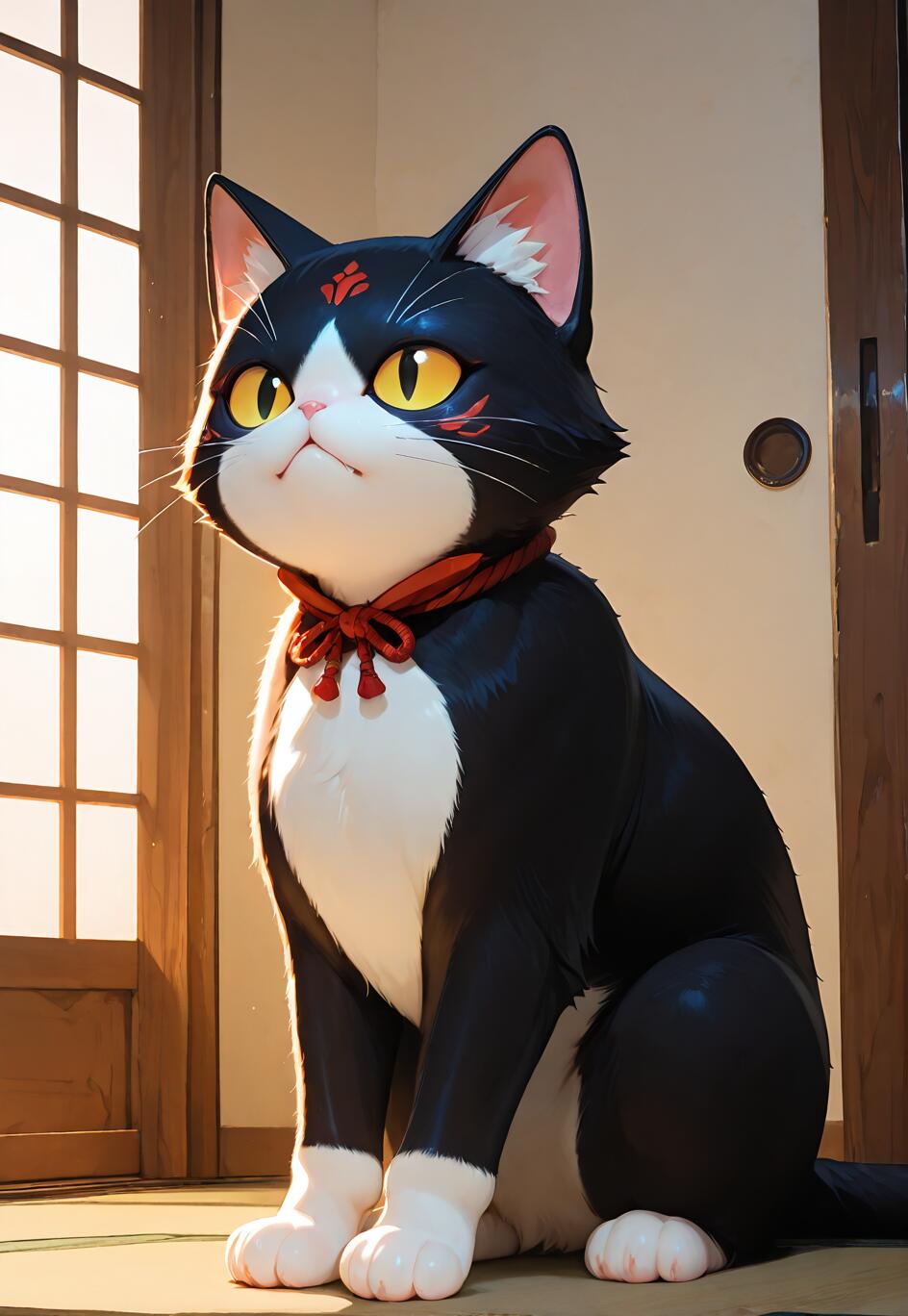 Una ilustración de estilo anime que representa un gato atigrado de blanco y negro, sentado erguido. El gato tiene grandes ojos amarillos, un collar rojo y marcas rojas en la cara que recuerdan a las de un guerrero. Se encuentra dentro de una habitación de estilo japonés, junto a una mampara shoji.
