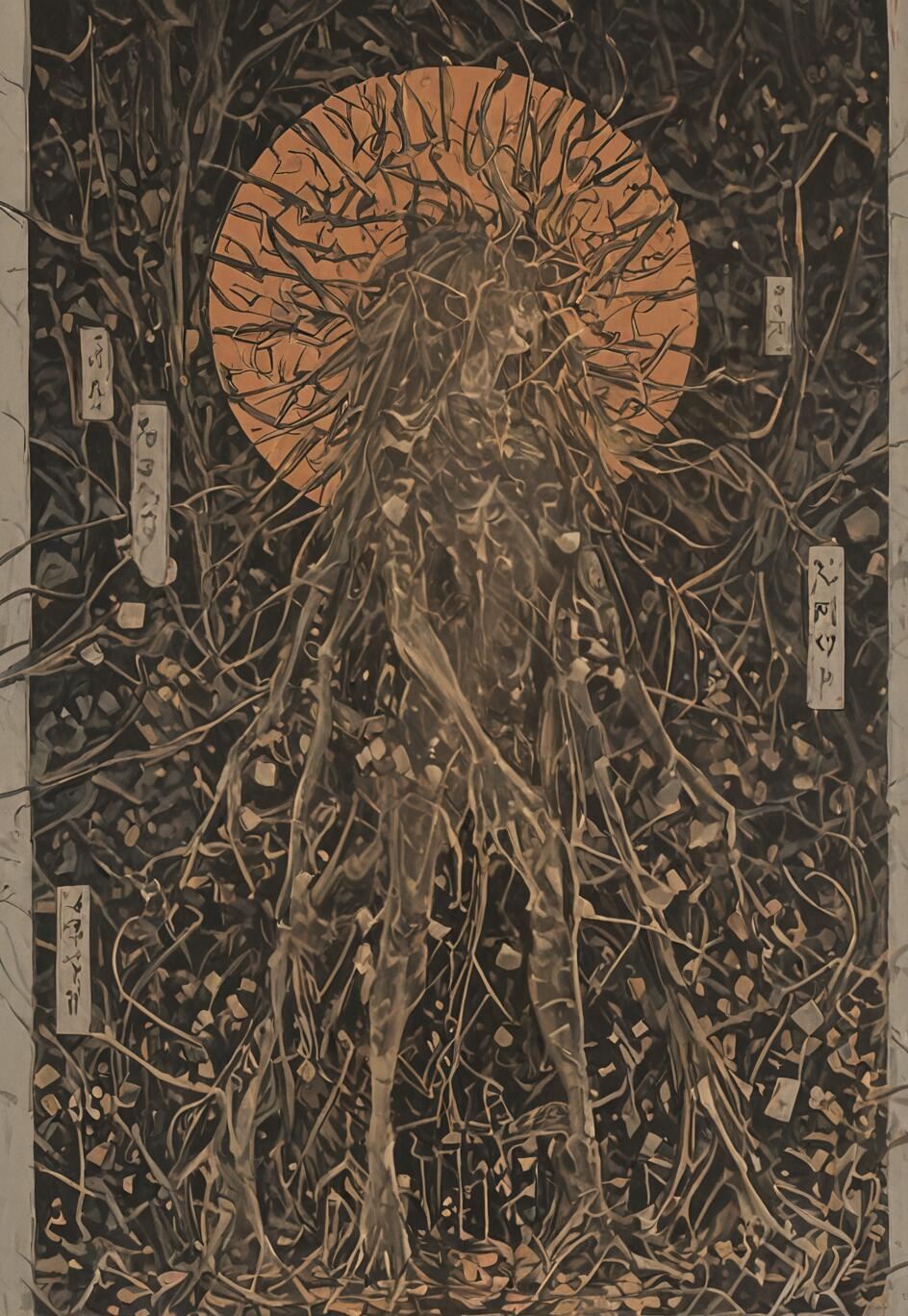 Una obra de arte al estilo ukiyo-e que representa un espíritu etéreo compuesto por raíces y ramas oscuras y entrelazadas. La figura se encuentra en un bosque caótico, frente a un gran sol naranja que sirve como halo.