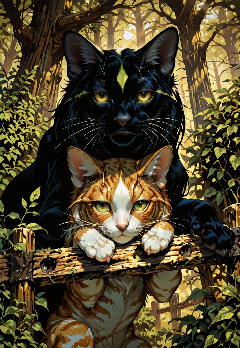 Una ilustración detallada de dos gatos en un bosque. Un gato atigrado de color naranja y blanco, con ojos verdes, está en primer plano, mirando por encima de una valla de madera, mientras que un gato negro grande, con ojos amarillos y una marca en forma de estrella amarilla en la frente, está detrás.