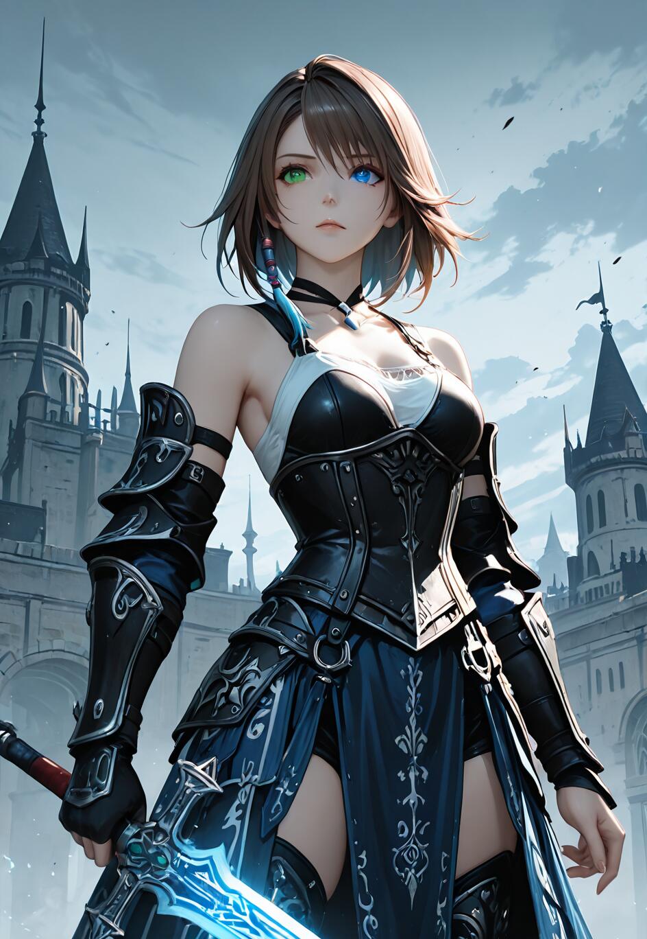 Una ilustración al estilo anime de Yuna, de Final Fantasy X, vestida de caballero. Tiene el pelo corto y castaño, un ojo verde y otro azul, y sostiene una espada azul brillante frente a un gran castillo de estilo gótico.